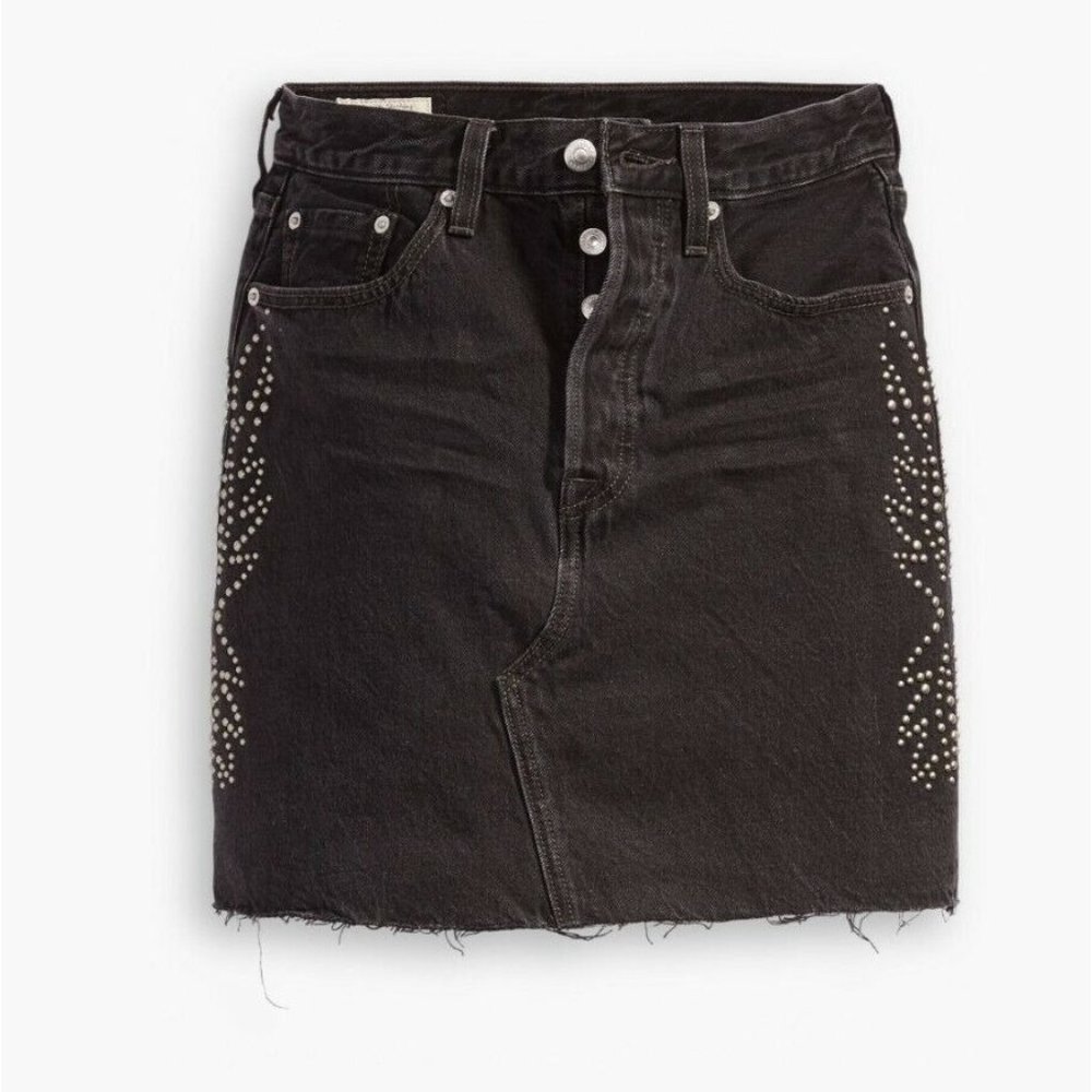 Levis Destructed Denim Mini Jean Skirt Size 24 Button Fly 778820003 Studded